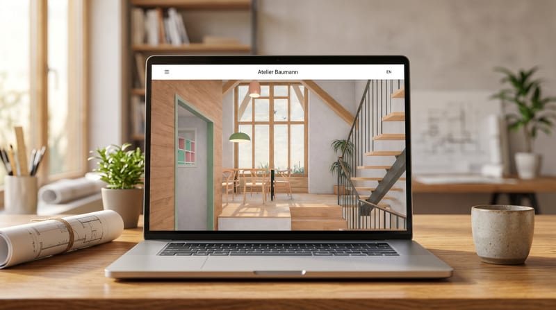 Entwurf der Webseite Atelier Baumann auf einem Laptop